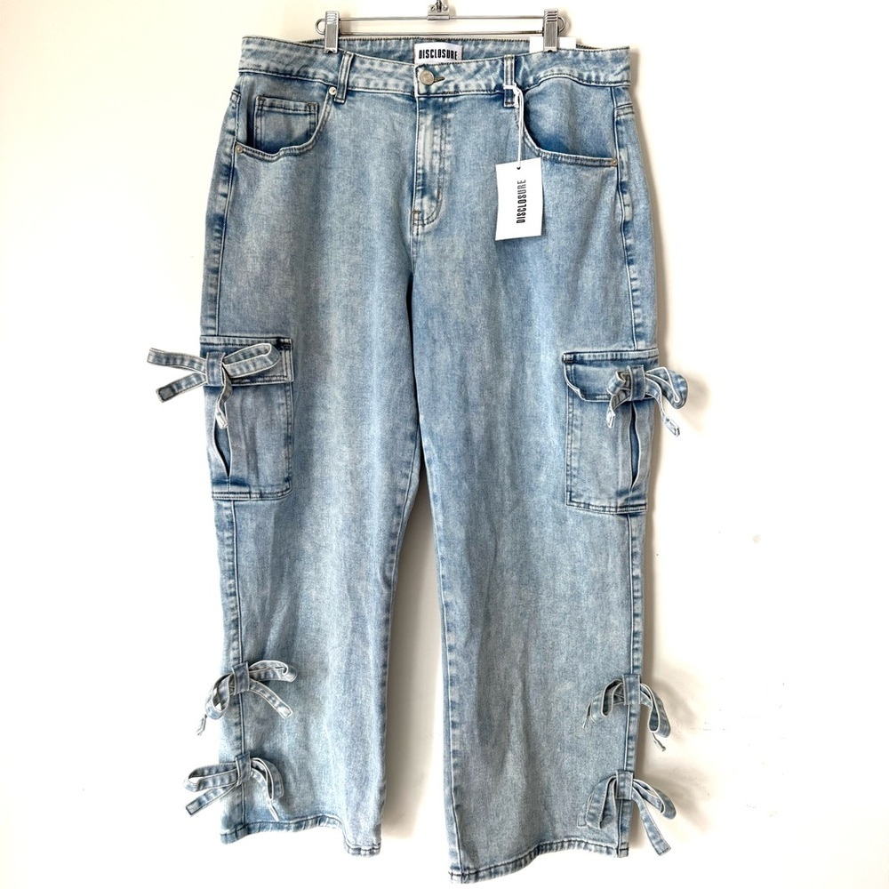 Disclosure Light Blue Wide Leg Cargo Jeans with Bow Details NWT